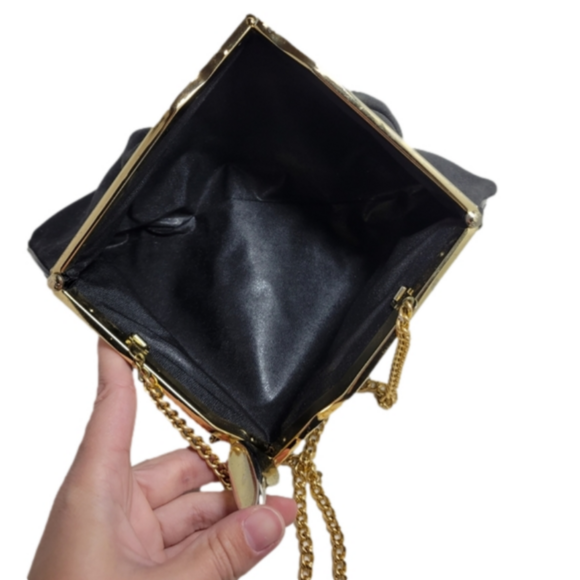 Vintage Handbags - Vintage RARE Black Suede clutch Evening Bag Long Chain Purse box style opening